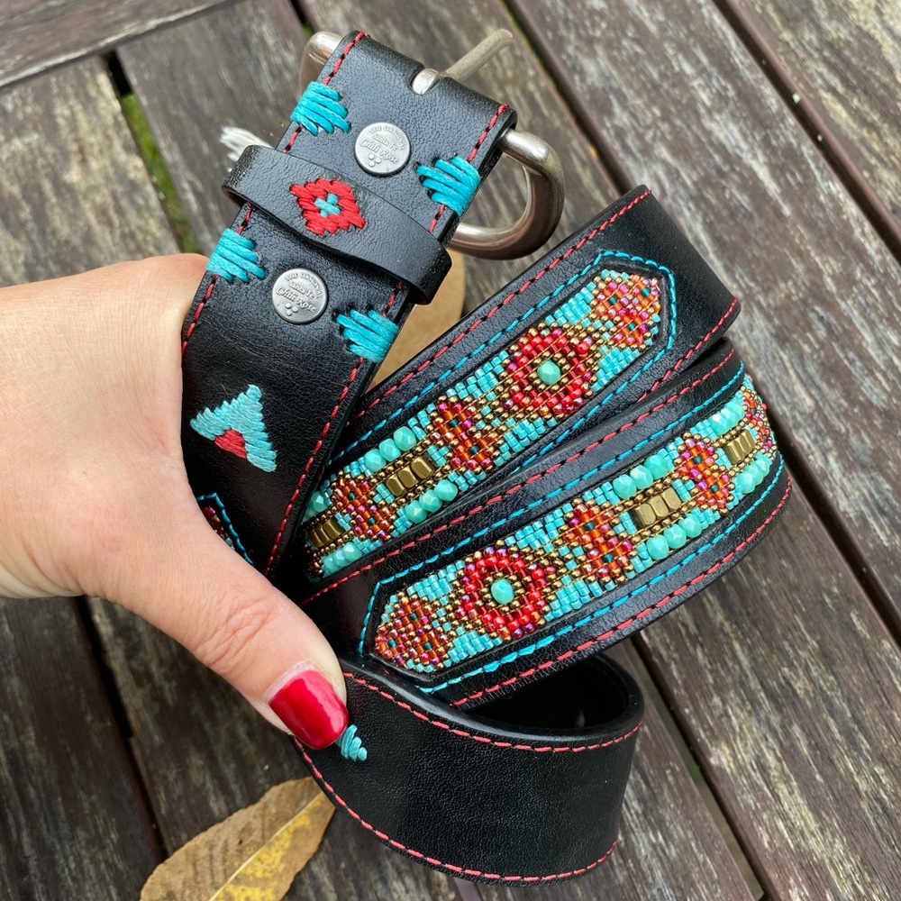 Peyote Bird Beaded Leather Belt sz L